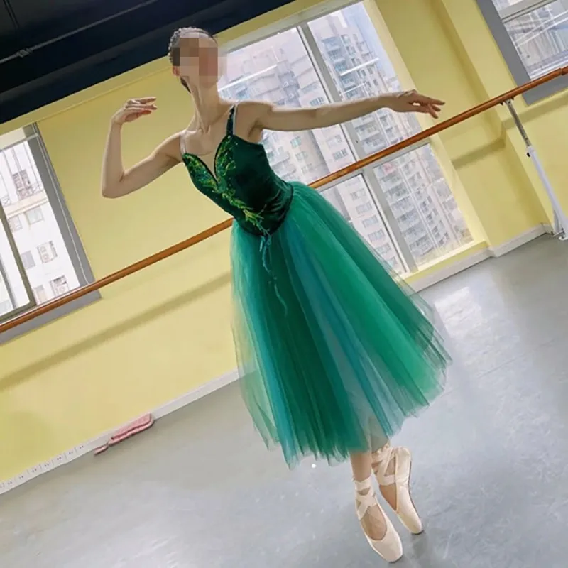 女の子バレエチュチュドレスベルベットグリーン長袖レオタード体操ダンス衣装バレリーナプリンセスパフォーマンス衣装