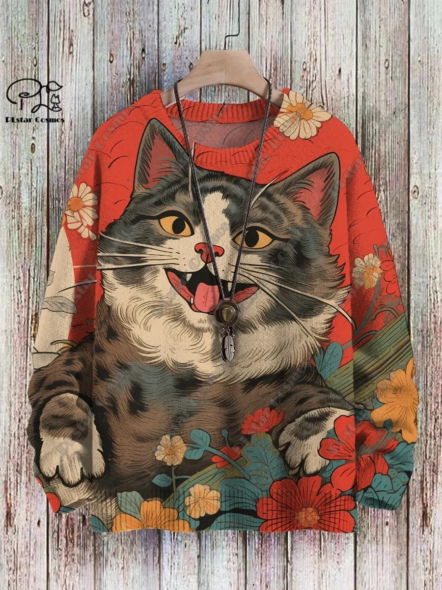 PLstar Cosmos new 3D printed animal series cute cat and dog cheetah pattern ugly sweater winter street casual unisex