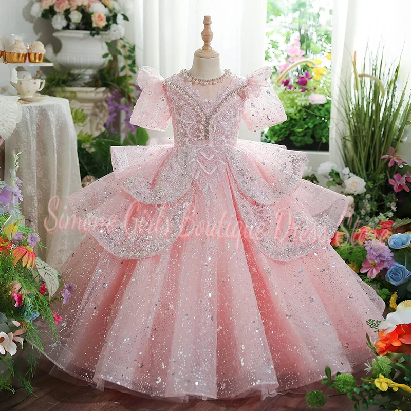 Luxuriöses Kinder-Partykleid Flauschiges Blaues Blumenmädchenkleid Geburtstag Perlen Prinzessin Funkelndes Partykleid Erstkommunion-Roben