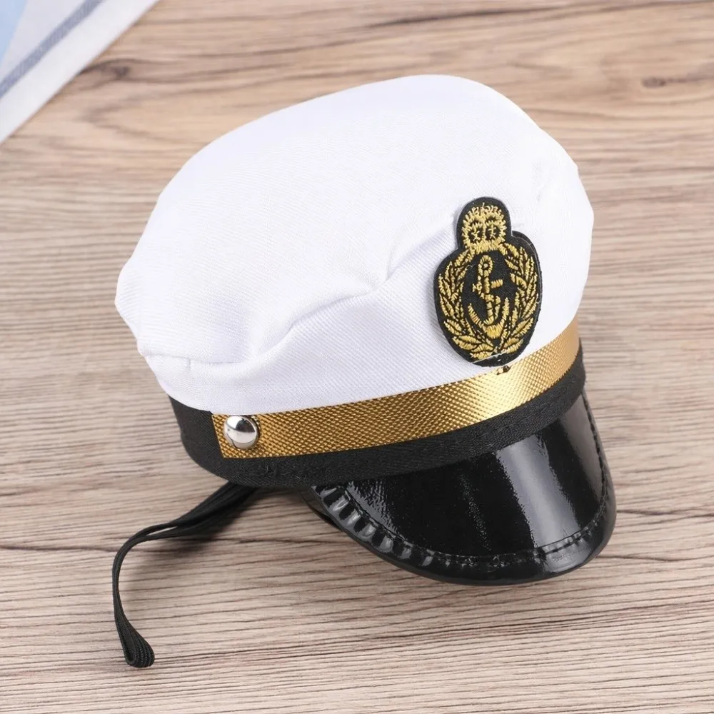Attractive White Captain Hat Adjustable Chin Strap Polyester Dog Hat Gold Tone Band Creative Style Cat Hat Holiday Events