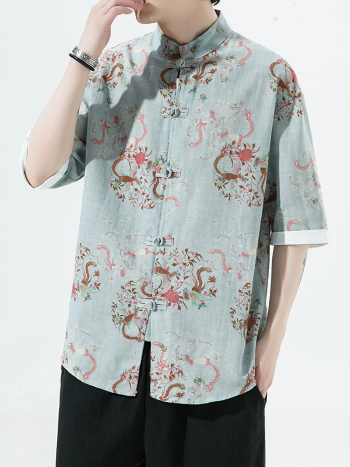 

Men's ort Sve irt Dragon Print Casual Vintage Button up Tang Suit Chinese Sle Summer Ancient f Sve Loose Fit
