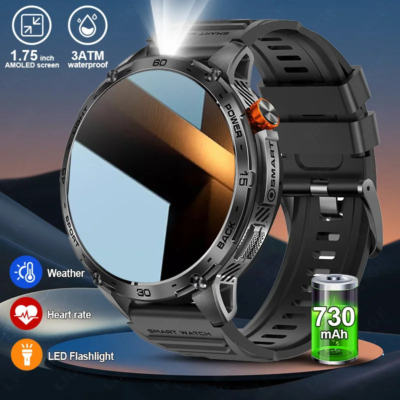 

LIGE 730mAh Large Battery Ultra Long Standby Time 1.75inch Amoled Screen LED Flashlight Men Bluetooth Call Smartwatch Waterproof