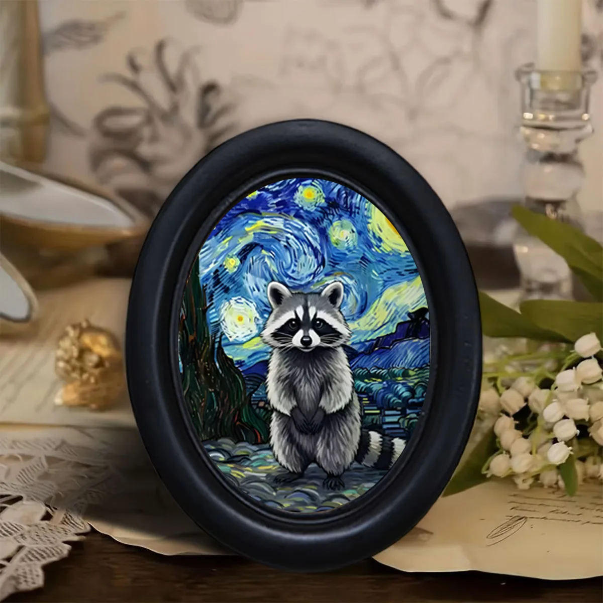 1 Piece of Starry Night Raccoon Oval Frame Wall Decoration, Van Gogh Starry Sky Style Raccoon Decorative Painting, Vintage Fun Raccoon Element Painting, Fun Wall Decoration for Living Room and Bedroom, Gift for Raccoon Enthusiasts