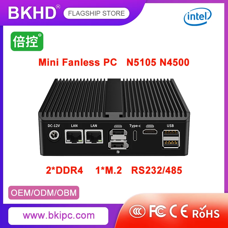 Mini servidor sin ventilador BKHD Celeron N5105 N4500, adecuado para Automatización Industrial IoT, visión de máquina DAQ 2LAN RS232/485