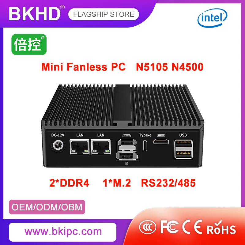 BKHD Fanless Mini Server Fanless Celeron N5105 N4500 Suitable for Industrial Automation IoT Machine Vision DAQ 2LAN RS232/485