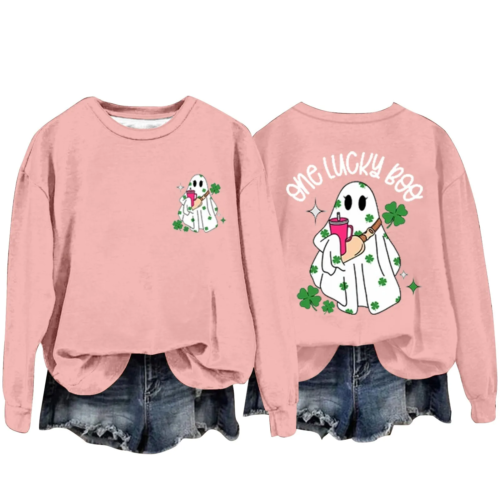 Halloween New Women'S Cute Ghost Pattern Print Solid Color Bottom Round Neck Warm Sweatshirt Halloween Printed Long Sleeve Hoodi