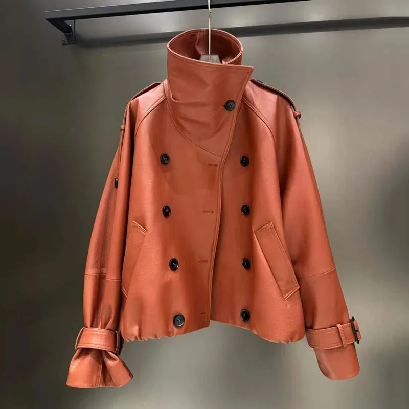 

2026 New Women's 100% Genuine Leather Jacket Oversized Fit Clear Texture High Collar Double Breasted Coat with Cuff Straps