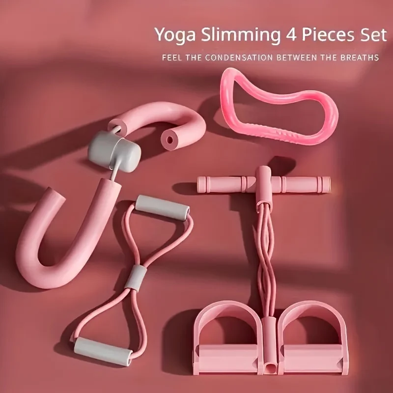 

5-Piece Yoga Fitness Set, Eva Material Elastic Bands Resistance Pedal Puller Figure Eight Leg Muscle Trainer, Flexibility Massage
