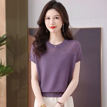 Hollow Crocheted Short-sleeved T-shirt Women's Summer 2026 New Western Ice Silk Sweater Loose Slim Knitwear Ladies Pullover Top