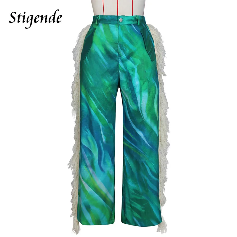 Stigende Women Patchwork Tassel Straight Pants Print Pocket Wide Leg Pants