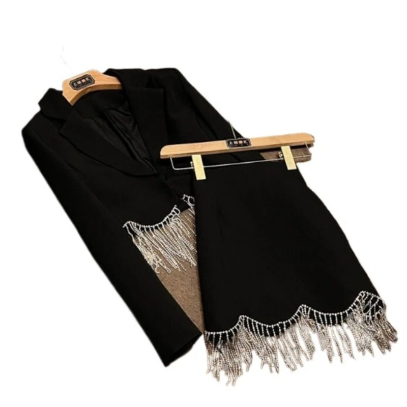 A Complete Set of Autumn and Winter New Temperament Fashionable Design Heavy Industry Fringed Suit Blazer Skirt Two-piece Set