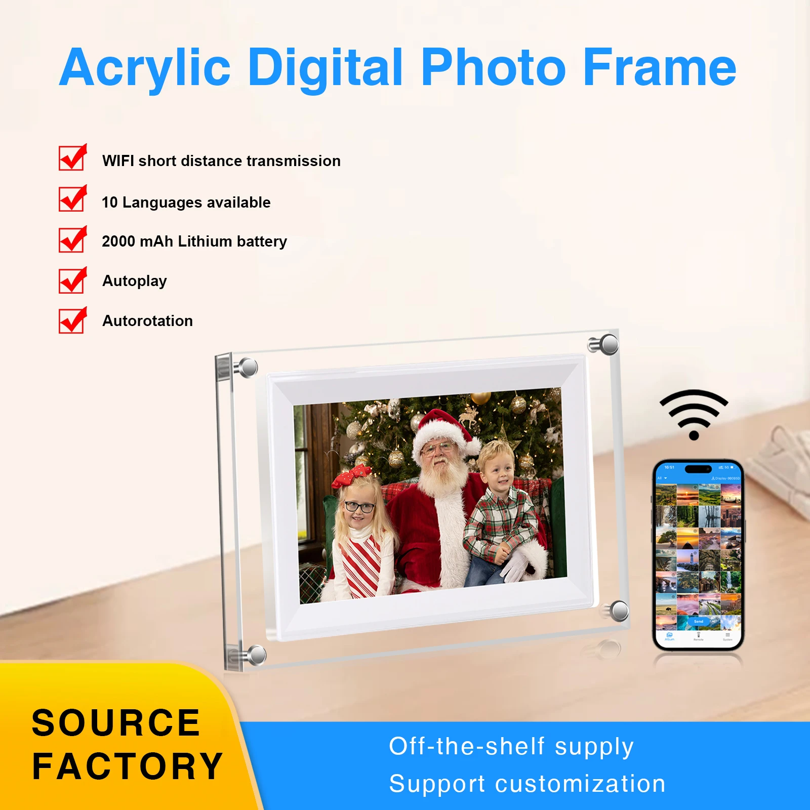 إطار صور رقمي أكريليك 7 بوصة 2000 مللي أمبير في الساعة 1024 × 600 واي فاي شاشة عرض عمودية IPS ذاكرة 8G فيديو صور متعدد الوظائف #1