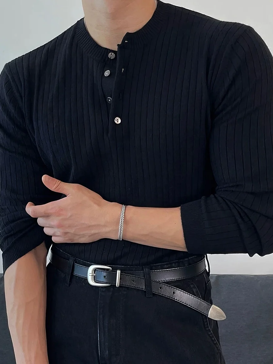 American Style Knitted Long Sleeve Sweatshirt Men's Slim Fit  Shirt with Four Buttons Soft Silk Cotton Embroidery Trendy
