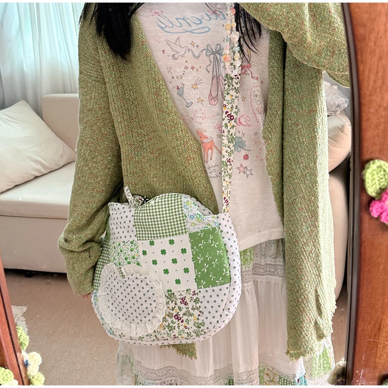 Patchwork-Stoff-Umhängetasche, Apfelförmige Handtasche mit Blumen- und Punktmuster für Damen, Mädchen, Studenten, Cottagecore, süße Handtasche – Detail 14