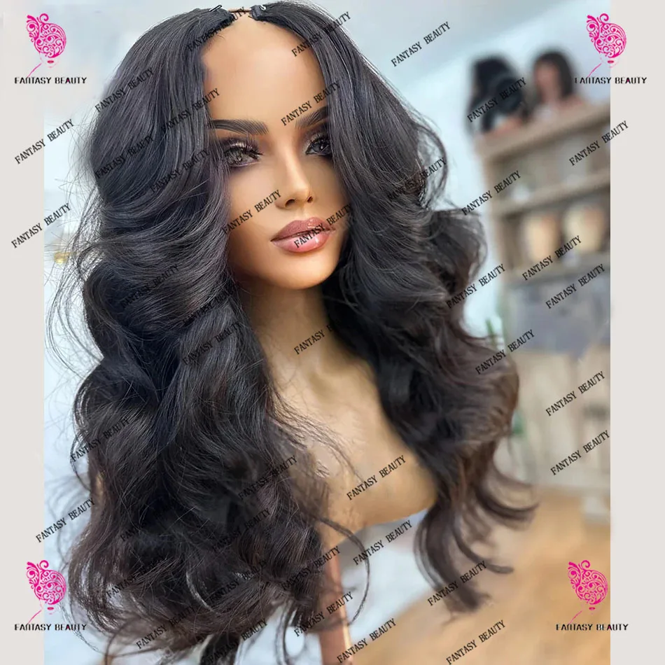 Dark Brown Black Natural Wave V Part 100% Human Hair Wigs For Women &Clips Soft Body Wavy Glueless Cheaper Full U Shape Wig 250%