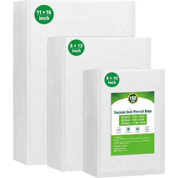 150Pcs Vacuum Sealer Bags Pre-Cut Commercial Grade BPA Free Food Storage Bags Heavy Duty Vacuum Packaging Pouches for Sous Vide Meal Prep Kitchen Meat Preservation 11x16 8x12 6x10 Inch Bulk Pack