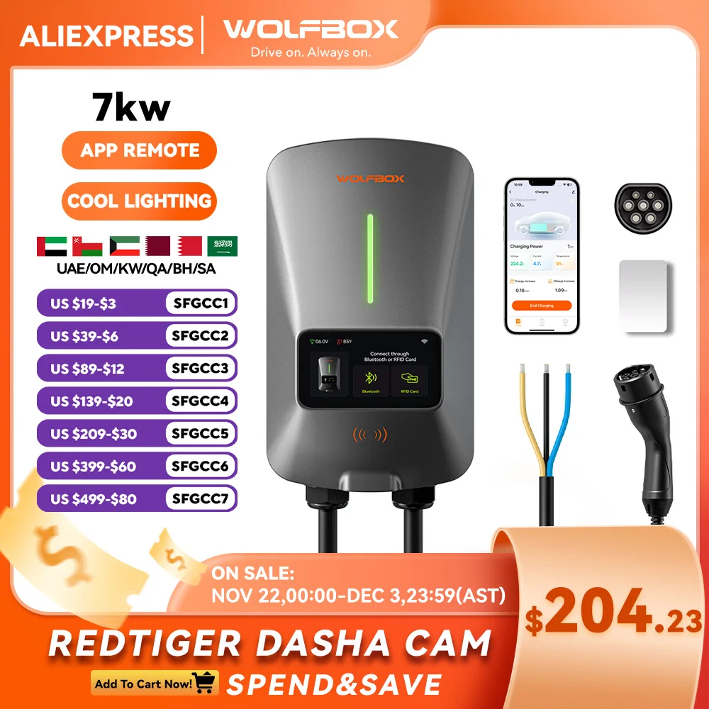 WOLFBOX EV Charging Station Type 2 7KW 32A 1 Phase Electric Vehicle Car Charger Wallbox with LCD Screen APP Control RFID Card