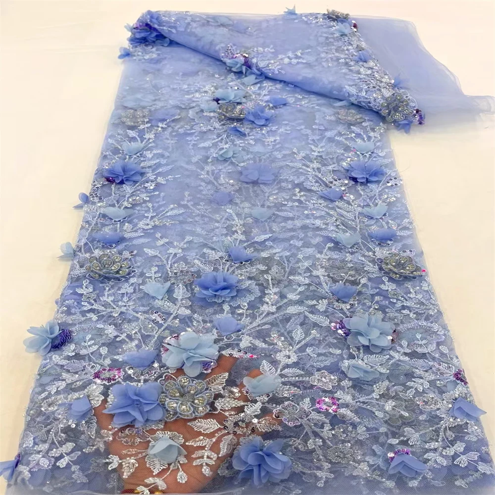 Blue 5 Yards Luxury African Heavy Beaded Lace Tulle Fabric 2024 French 3D Flower Embroidered Applique Fabric For Sewing Material