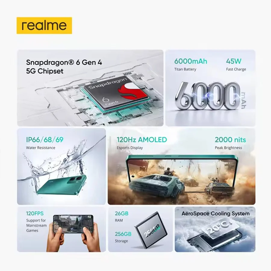 هاتف ذكي Realme P3 5G معالج Snapdragon 6 Gen 4 5G بطارية 6000 مللي أمبير في الساعة شاشة AMOLED 6.67 بوصة 120 هرتز شحن 45 وات