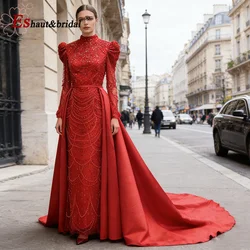 Eshault&bridal Pearls Evening Dress for Women Muslim Detachable Train Long Sleeves Formal Prom Wedding Party Gown Cusotomized