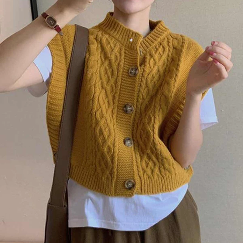 Chunky Cable Knit Sweater Vest Button Down V-Neck Sleeveless Crop Knit Top dla kobiet Teen-girl Casual Outfit