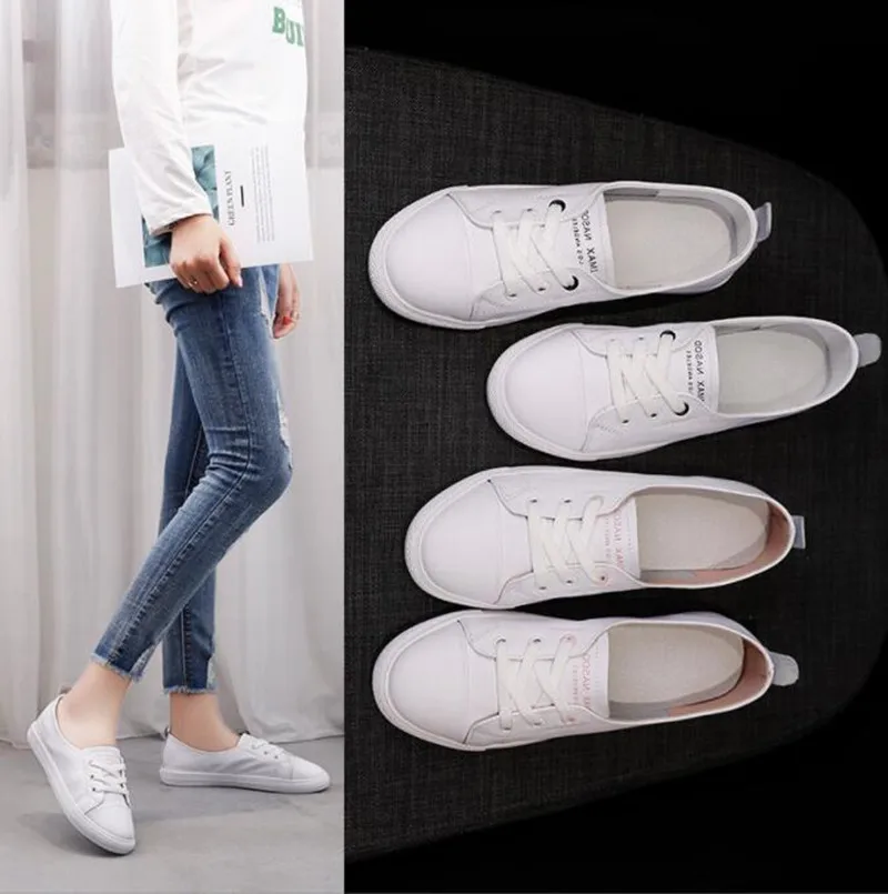 Women\'s Genuine Leather Sneakers Women Casual Fashionable Sports Shoes Vulcanized Woman Summer Flat Shoe Ladies White Lacing 42