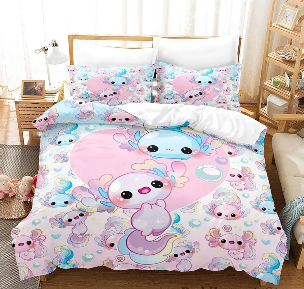 Kawaii Animal Axolotl Print Bedding Set Single Twin Full Queen King Size Bed Set Aldult Kid Bedroom Duvetcover Set 3D Anime