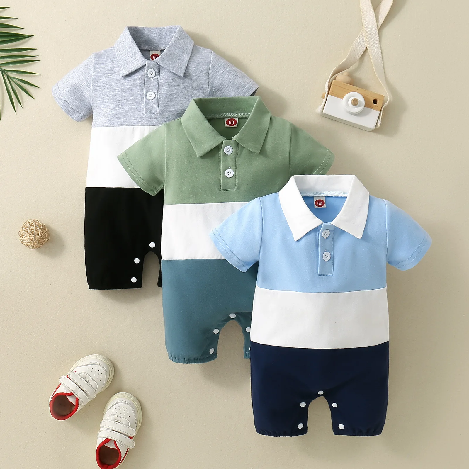 Summer Unisex Children Open Necked Crawling Clothes Short Sleeved Neutral Color Block Splicing Cotton Crawling Clothes