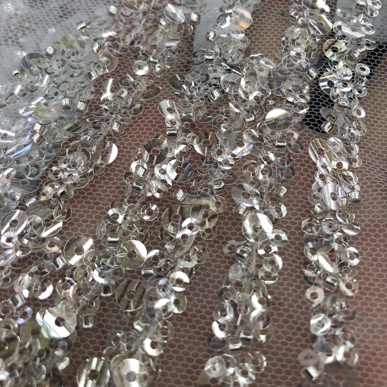 Shiny Silver Sequin Beads Tulle Embroidery Wedding Evening Dress Lace Fabric Custom Clothing Fabrics