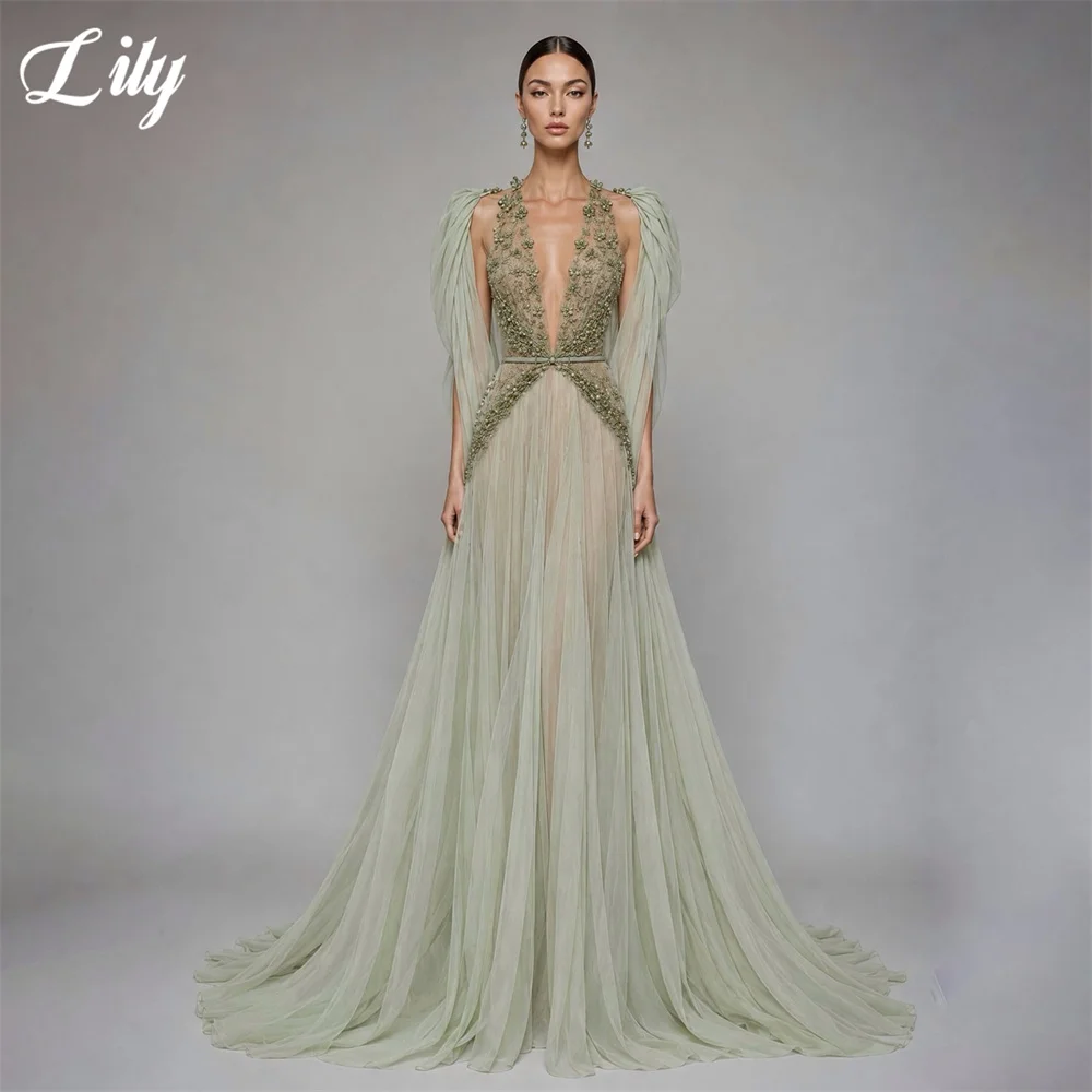 Lily Sage Green Dreamy Evening Dress Plunge V Neck Party Dress Crystal Beaded Bodice vestidos de fiesta Prom Gowns Customized