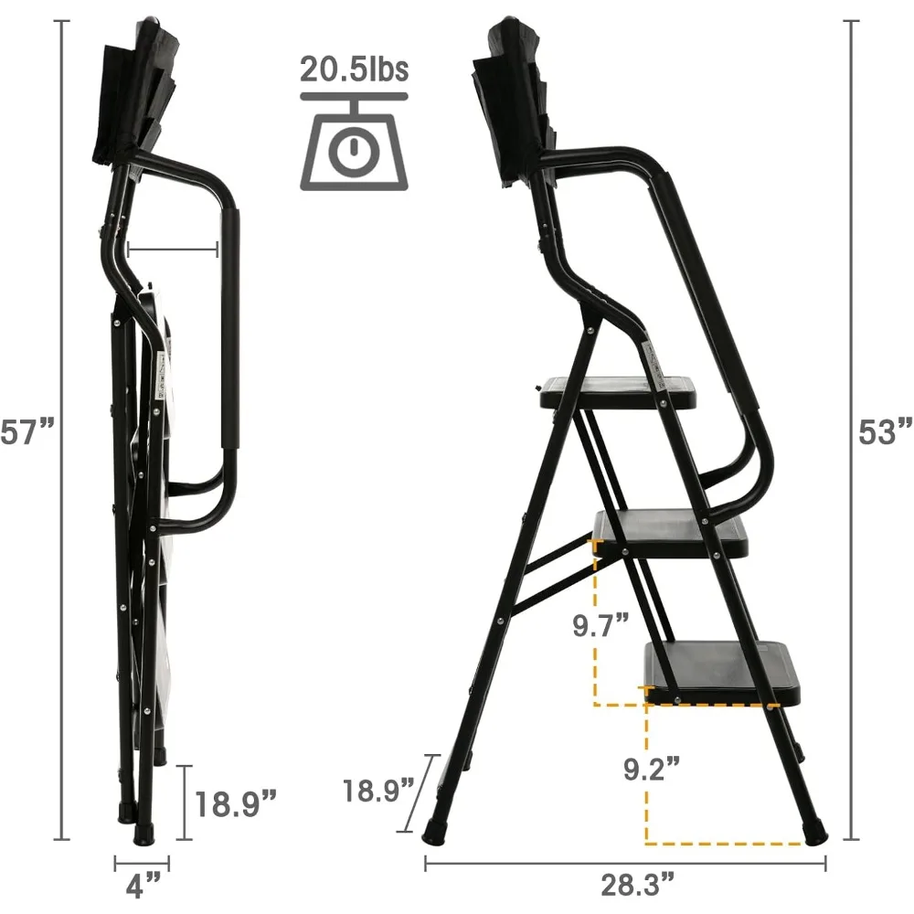 سلم قابل للطي بثلاث خطوات مع درابزين - سعة 500 رطل، إطار فولاذي، قضبان جانبية آمنة، مثالي للاستخدام المنزلي في المطبخ