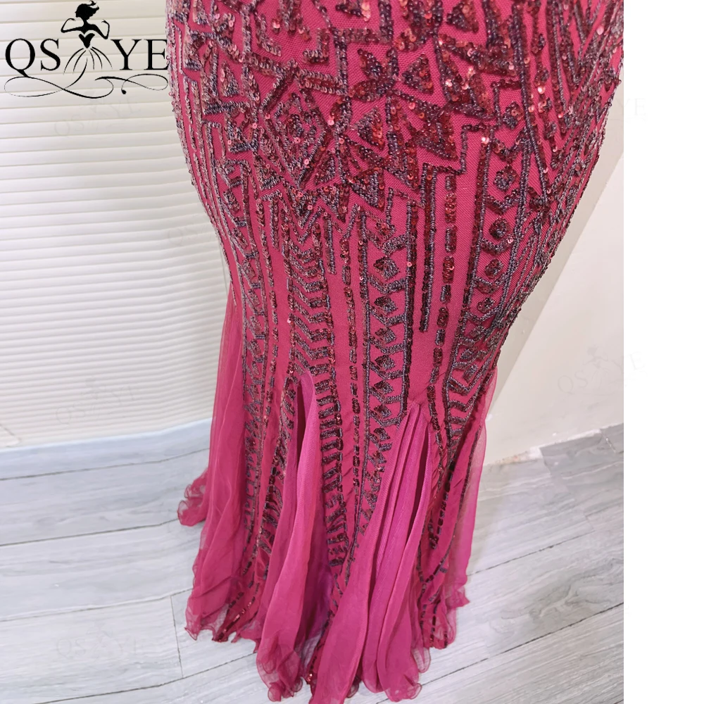 One Strap Burgundy Prom Dresses Mermaid Crystal Beaded Strings Sequin Pattern Lace Evening Dress Tulle Bottom Formal Gown 2024