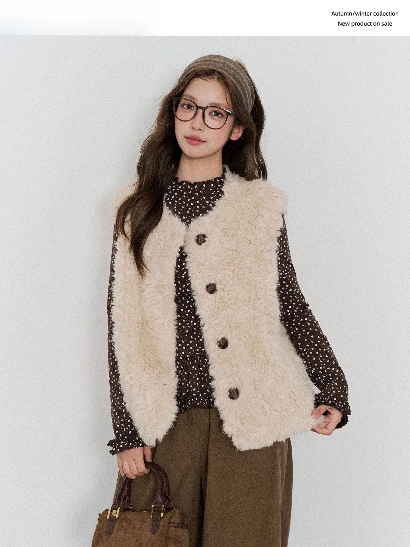 

Korean Sle Layered Lamb Fur Vest Outerwear f High Collar Flower Print Base irt Puffy Hem Commute Sle Thiened Winter