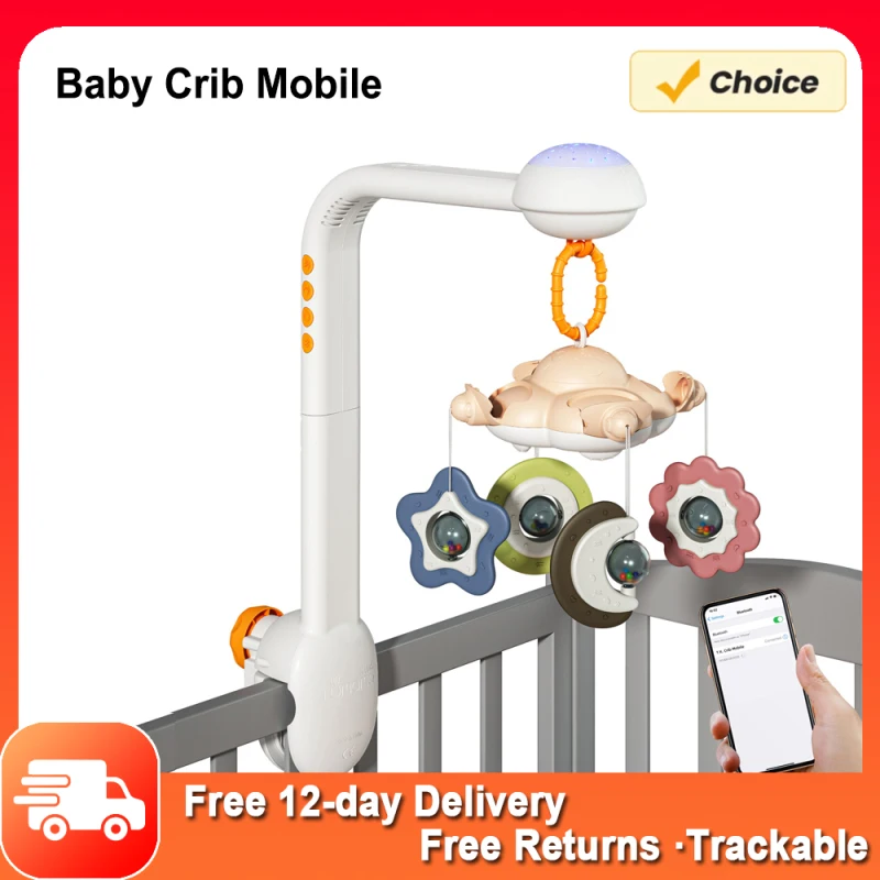 아기 침대 모빌 프로젝션 야간 조명, 진정 음악, 화이트 노이즈, 걸이식 딸랑이 장난감, 360 ° 회전, 보육 수저 장난감