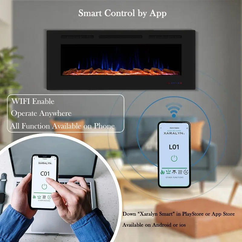 54 Inch WiFi Smart Electric Fireplace, Recessed and Wall Mount Fireplace Heater with 13 Flame &3 Top Light