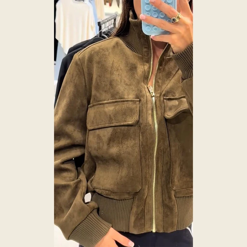 2026 Herbst Vintage Wildleder Damenjacke Langarm Revers Reißverschluss Tasche Stehkragen Kurzer Damenmantel Modische Streetwear-Oberbekleidung – Detail 17
