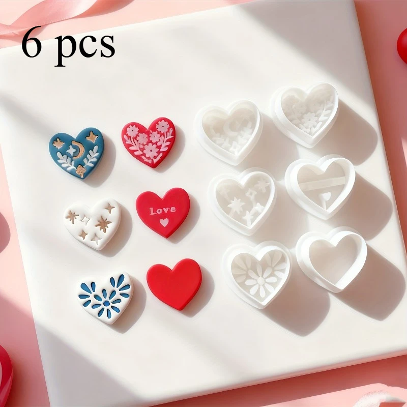Conjunto de 6 Cortadores de Argila Polimérica em Forma de Coração, Estilo Europeu, Molde DIY para Brincos, Joias, Fondant, Ferramentas de Artesanato para Biscoitos