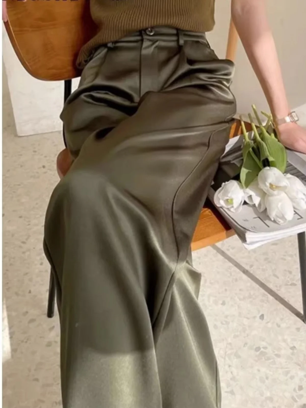 

Women's Slim Straight Satin Trousers Drapey Thin High Waist Long Straight Leg Pants Street Sle Casual Trousers