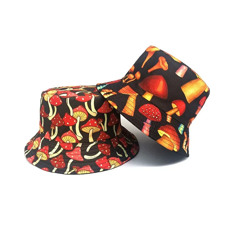 

Four Seasons Cotton Cartoon Mushroom Print Bucket Hat Fisherman Hat Outdoor Travel Sun Cap for Men and Women 236