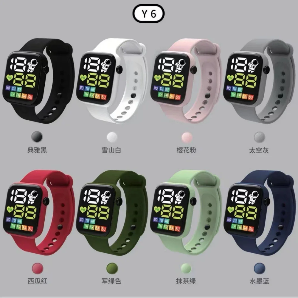 New Y6 Mens Sports Digital Watch Women Kids Electronic Watches Waterproof LED Week Display Rectangular Fashion Wristwatch Unisex