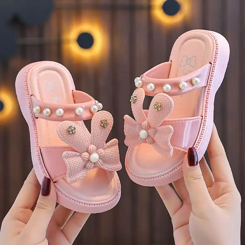 Zapatillas de verano con lazo para niños, sandalias antideslizantes de suela suave para niñas, lindas sandalias de princesa, zapatillas de playa al aire libre, Zapatillas de casa