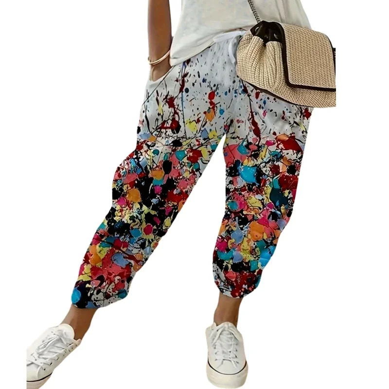 حجم كبير 1XL-5XL المرأة أزياء مطبوعة زهرة مريحة فضفاضة جيب السراويل السيدات عارضة منتصف الخصر هارين السراويل #4