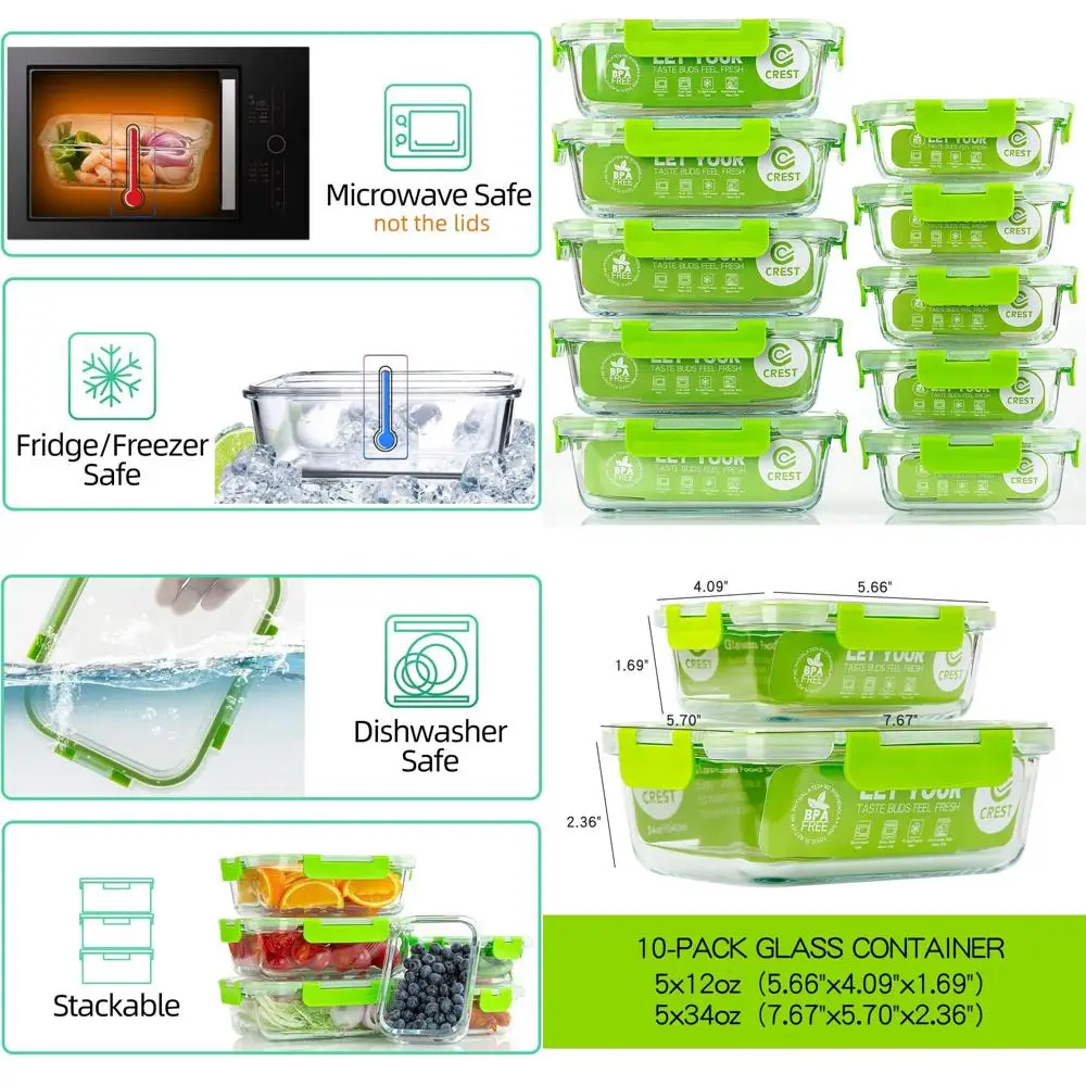 

Стеклянные контейнеры для хранения продуктов без BPA, 10 предметов с крышками для приготовления еды и использования на кухне