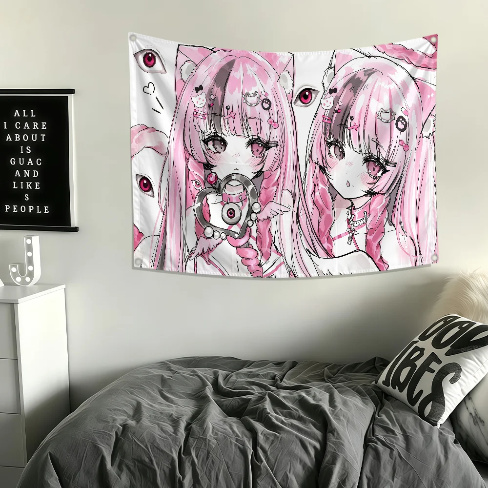 Kawaii Mine-style Girls Flag Polyester Printing Banner For Bedroom Living Bar Garden Camping Garage Wall Art Out Door Decoration