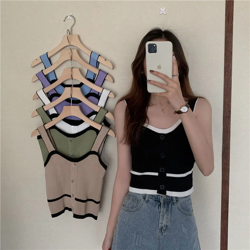 

Korean color matching stripes crop tops knitted sleeveless camis for women new all-match slim fit solid color camisole