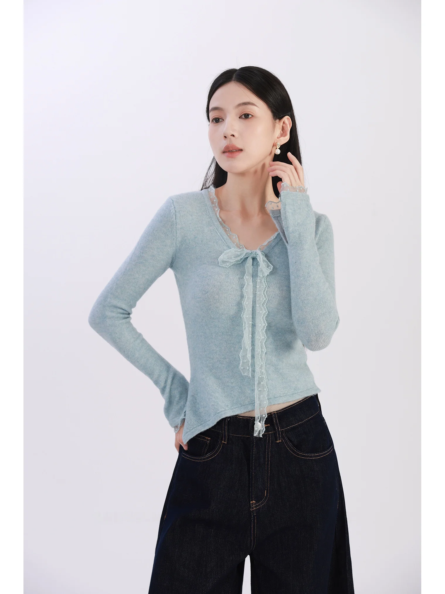 

Синий вязаный свитер с кружевными вставками и узлом, женская одежда Sle Brand Suotian, осенняя модная женская вязаная одежда