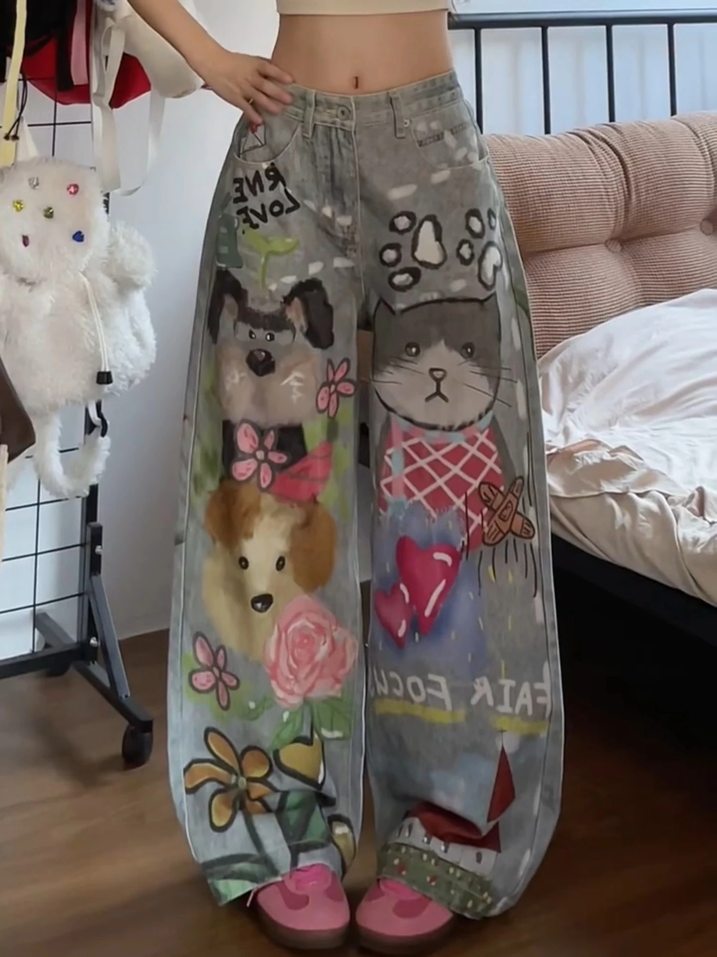 

Street Style Loose Fit Wide Leg Jeans Graffiti Printed Men Women Casual High Waist Denim Pants plus Size Dog Drawings