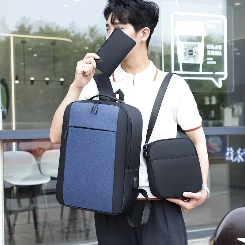 3pc A Set Men Business Backpack Laptop with USB Charger Male Student Multifunctional Waterproof Shoulder Bag Handbag