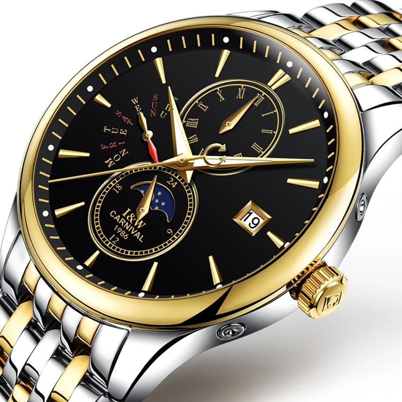 

CARNIVAL Top Luxury Brand Automatic Mechanical Watch Men Steel Strap Waterproof Moon Phase Luminous Men's Watches Reloj Hombre
