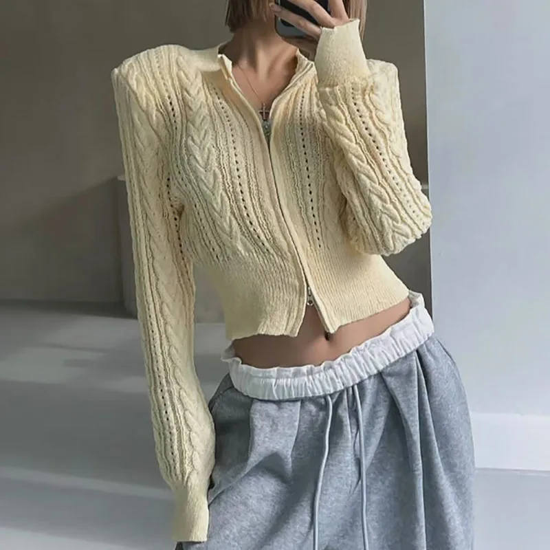 

Elegant Stand Collar Zipper Knitted Coats Women's Casual Long Sleeve Shoulder Pads Jackets Fashion Hight Street Solid Cardigans